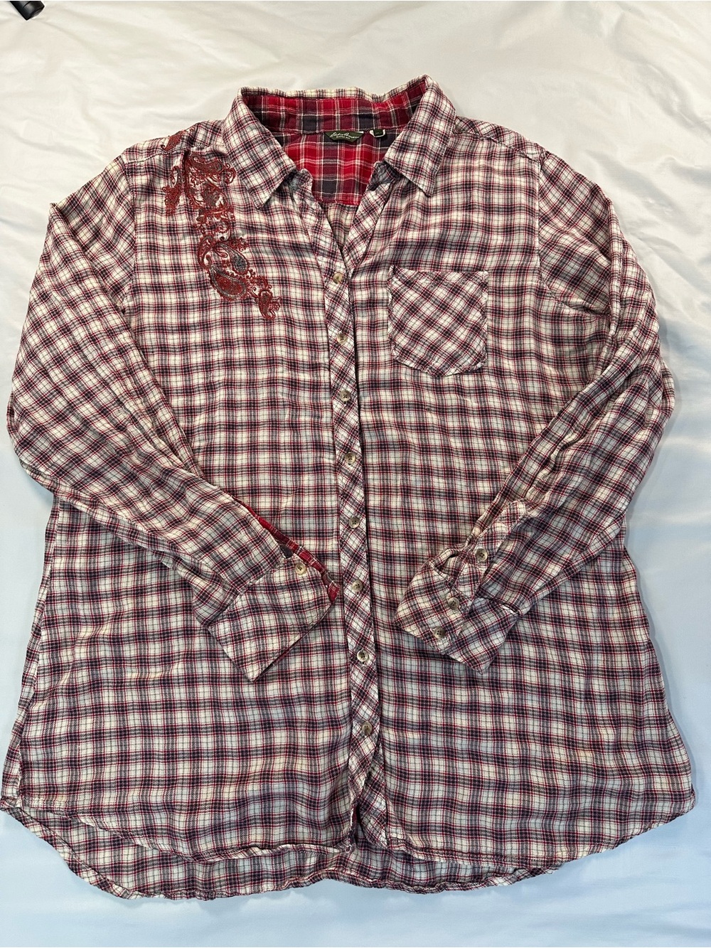 Eddie Bauer Red Plaid Button-Down Shirt with Embroidered Accent